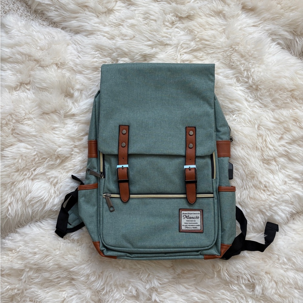 new green brown vintage backpack with usb port